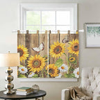 Farmhouse Sunflowers Kitchen Curtains 45 Inch Length, Short Cafe Window Curtains Tab Top, Rustic Floral Buttterfly Wood Board Brown Light Filtering Window Treatments Tier Drapes 27.5"x45" 2 Panel