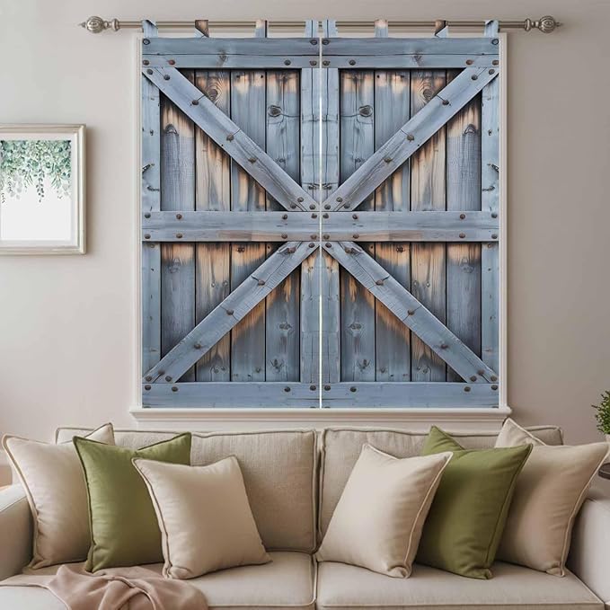 Farmhouse Wood Grain Bathroom Curtains 63 Inch Length, Window Curtains Tab Top, Vintage Country Barn Gate Textured Light Filtering Window Treatments Drapes 52"x63" 2 Panel