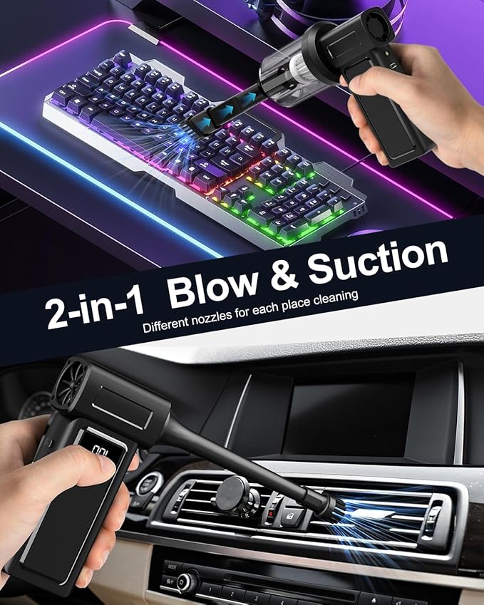 Compressed Electric Air Duster & Handheld Car Vacuum Cleaner 2-in-1-10000mAh Battery 180000RPM 4-Speed echargeable Air Blower for Car Cleaning, Home, Keyboard, PC, LED Light