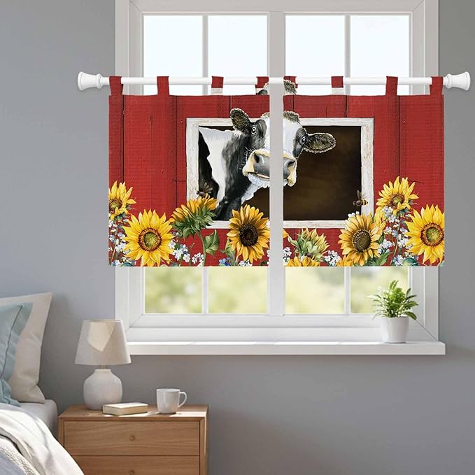 Cows Sunflowers Kitchen Curtains 36 Inch Length, Small Window Curtains Tab Top, Spring Botanical Floral Bees Red Barn Light Filtering Short Window Treatments Tier Drapes 27.5"x36" 2 Panel
