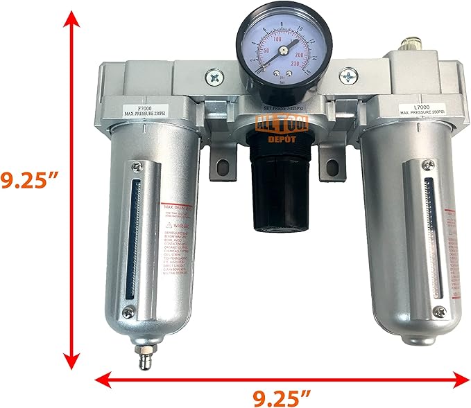 3/4" NPT HEAVY DUTY Compressed Air In Line Filter Regulator Lubricator Oiler Combo, Metal Bowl, 5 Micron Element, Adjustable From 7 to 215 PSI (MANUAL DRAIN)