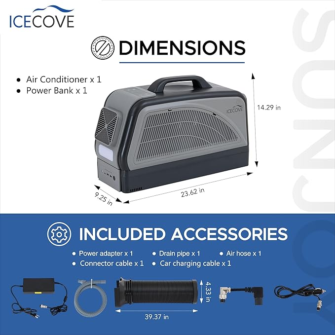 IceCove Portable Air Conditioner with Add-on Battery, 2500BTU Portable Car AC Unit, 250W Low Power Consumption, 25.5VDC, 2 Fan Speed, 3 Light Mode for Tent Camping RV Truck Van Life Home, Gray