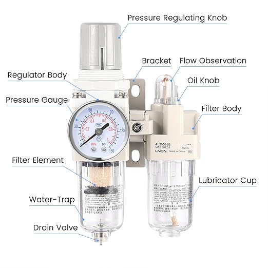 1/4 Inch NPT Compressed Air Filter Air Pressure Regulator Water-Oil Separator Trap Filter with Lubricator Cup