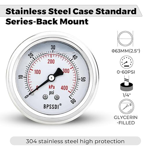 0-60 Psi Glycerin Liquid Filled Low Pressure Gauge, 2.5" Dial Size, 1/4" G Back Mount, 304 Stainless Steel Case, for Water Pipe, HVAC, Water Oil Air Pressure Test