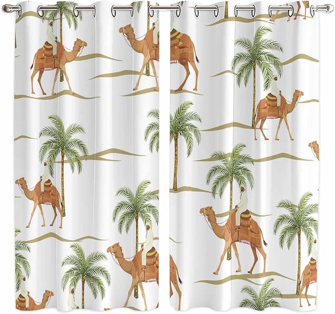 2 Panel Kitchen Cafe Curtains, Desert Camels Sunlight Filtering Nature Air Through, Home Decor Window Covering Tier Curtains for Bedroom Living Room 104W x 84L inch Tropical Date Palm Trees Animal