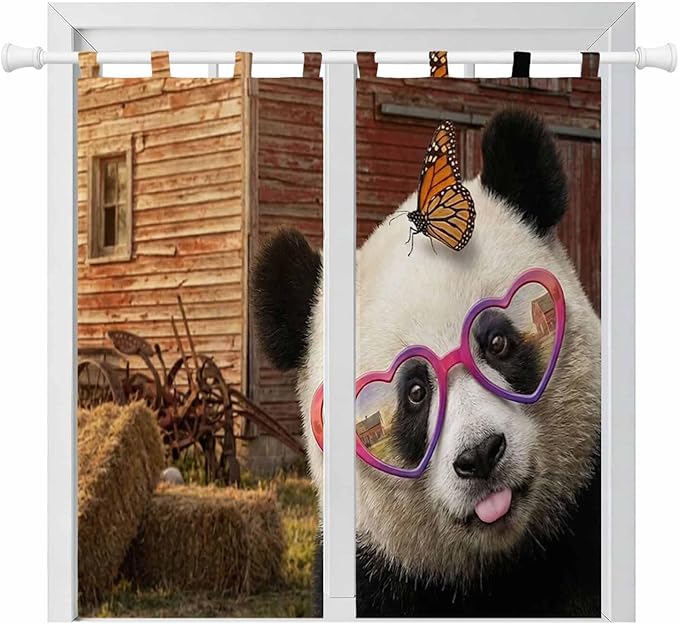 Farm Panda Bedroom Curtains 72 Inch Length, Window Curtains Tab Top, Farmhouse Barn Funny Animals Butterfly Light Filtering Window Treatments Drapes 52"x72" 2 Panel
