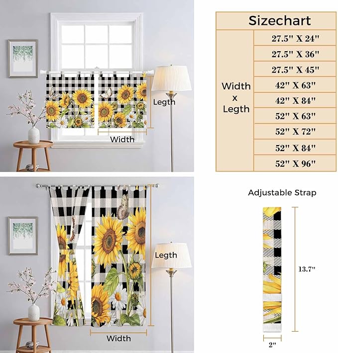 Sunflowers Kitchen Curtains 36 Inch Length, Small Window Curtains Tab Top, Yellow Flowers Butterfly Farmhouse Black Plaid Light Filtering Short Window Treatments Tier Drapes 27.5"x36" 2 Panel