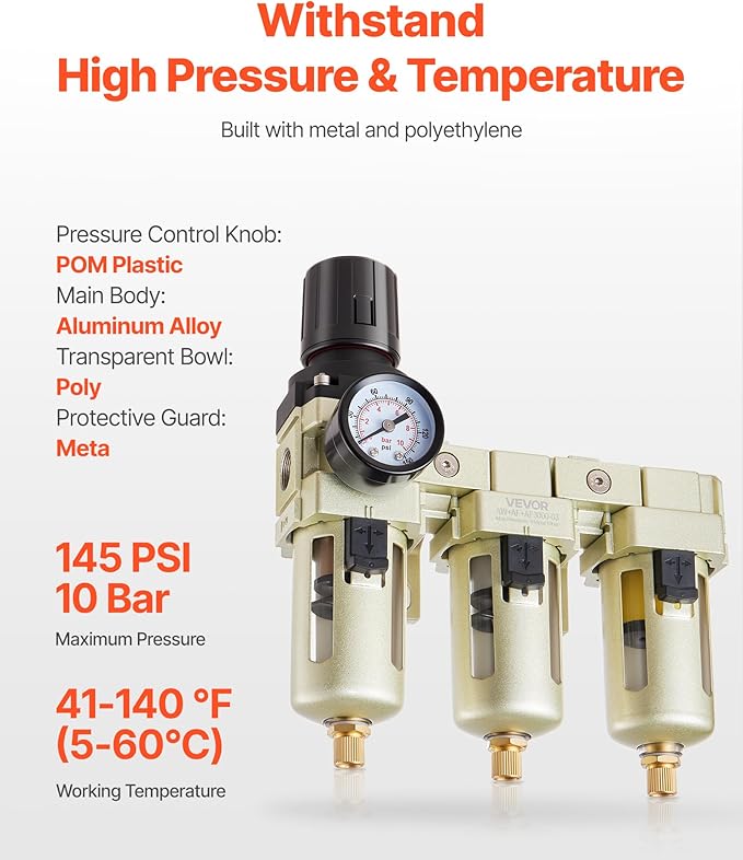 VEVOR Air Compressor Filter Regulator, 3/8" NPT 3-Stage Air Compressor Water Separator with 5μm/1μm/0.01μm Micron Filter Elements, Semi Auto Drain Air-Drying System 145PSI Max Pressure, Poly Bowl