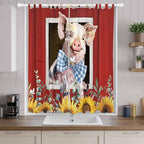 Pig Sunflowers Living Room Curtains 84 Inch Length, Window Curtains Tab Top, Eucalyptus Leaves Floral Bees Red Barn Light Filtering Window Treatments Drapes 52"x84" 2 Panel