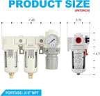 3/8" NPT Three Stage Air Drying System - 0.01 Micron Particulate Filter Air Pressure Regulator Combo - 0-125psi Gauge, Semi-Auto Drain, Metal Bracket
