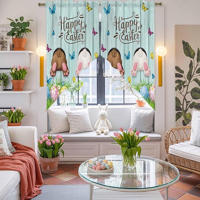 Swag Curtain Valances for Kitchen Windows,Happy Easter Bunny Butt Egg Floral Short Rod Pocket Window Valance,Spring Plant on Aqua Wood Swag Topper for Bedroom Living Room,2 Panels 28x36in