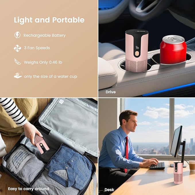 Portable Car Air Purifier-True HEPA Mini Air Purifier with LCD Display,15dB Quiet,USB-C Charging,Filters Smoke/Dust/Pet Dander in Car/Office/Desk/Travel（Pink）