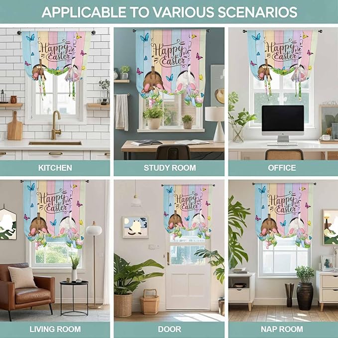 Tie Up Curtains,Happy Easter Rabbit Butt Egg on Daisy Leaf Adjustable Rod Pocket Window Shade Curtain Drape Bufferfly on Wood Barn Tie-Up Valance for Kitchen Bedroom Living Room Windows,34"x45"