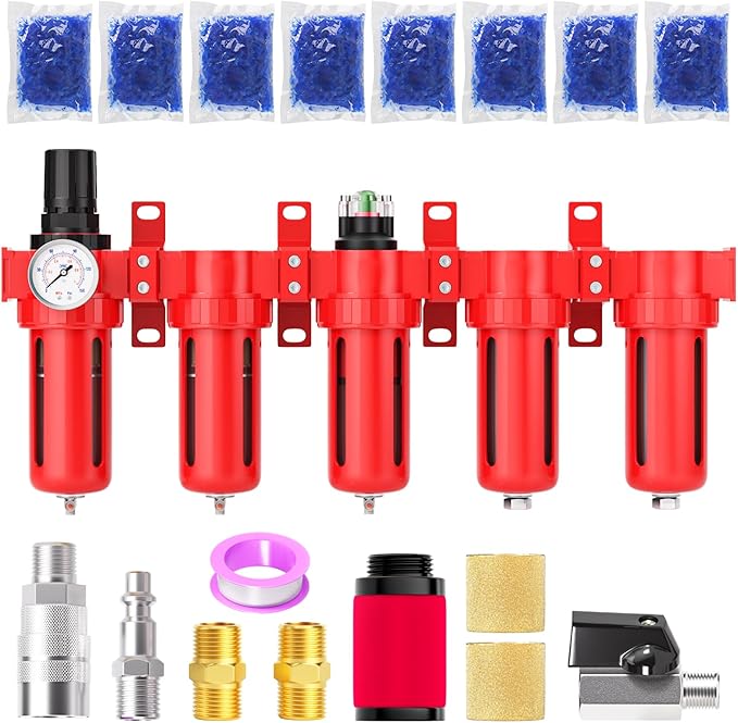 3/8" NPT Industrial Grade 5 Stage Aluminum Air Drying System,Double Coalescing Filter,Particulate Filter,Double Desiccant Dryer and Air Regulator,Manual Drain For Plasma Cutter and Paint Spray