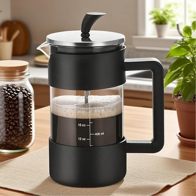 Pressed Coffee Maker 1 Liter – Portable Coffee Press System, Heat Resistant Glass Carafe, Stainless Steel Plunger Filter Mechanism, Smooth Extraction Control, Easy Grip Handle Design | Camping