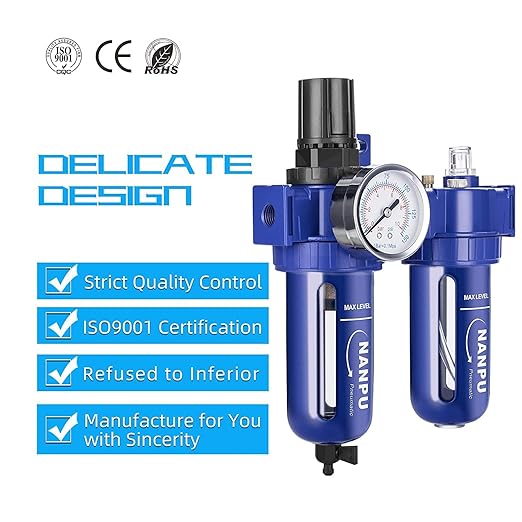 NANPU 1/2" NPT Compressed Air Filter Regulator Lubricator (FRL), Zinc Alloy, 5 Micron Brass Element, 0-150 psi Gauge, Quick Release Bowl, Manual Drain, Metal Bracket