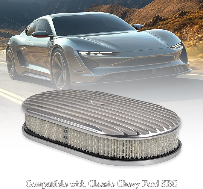 15" Air Cleaner Kit Polished Aluminum Oval Full Finned Retro Compatible with Classic Chevy Ford