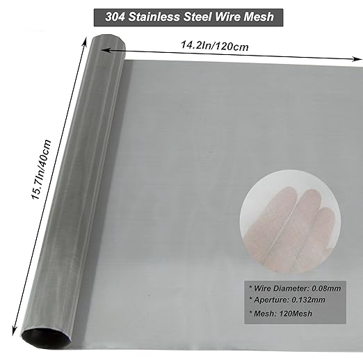 304 Stainless Steel Mesh 120Mesh, 15.7"x47.2"(40x120cm) Metal Mesh Screen, Woven Fine Wire Mesh Easy to Cut for Filter Mesh, Filtration Cloth and DIY Project