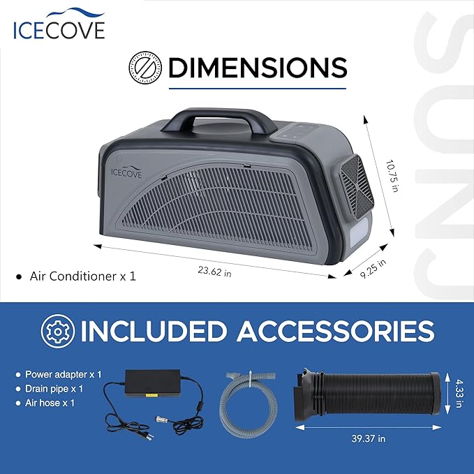 IceCove Portable Air Conditioner, 2500BTU Fast Cooling Car AC Unit, 250W Low Power Consumption, 25.5VDC, 2 Fan Speed, 3 Light Mode for Tent Camping RV Truck Van Life Home (Battery Not Included), Gray