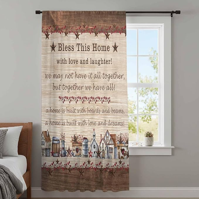 Farmhouse Sheer Curtains 96 Inch Length Brown Country Star Berry Vintage Wood Grain Chiffon Curtain for Bedroom Living Room Light Filtering Rod Pocket Window Treatments Voile Curtains Drapes