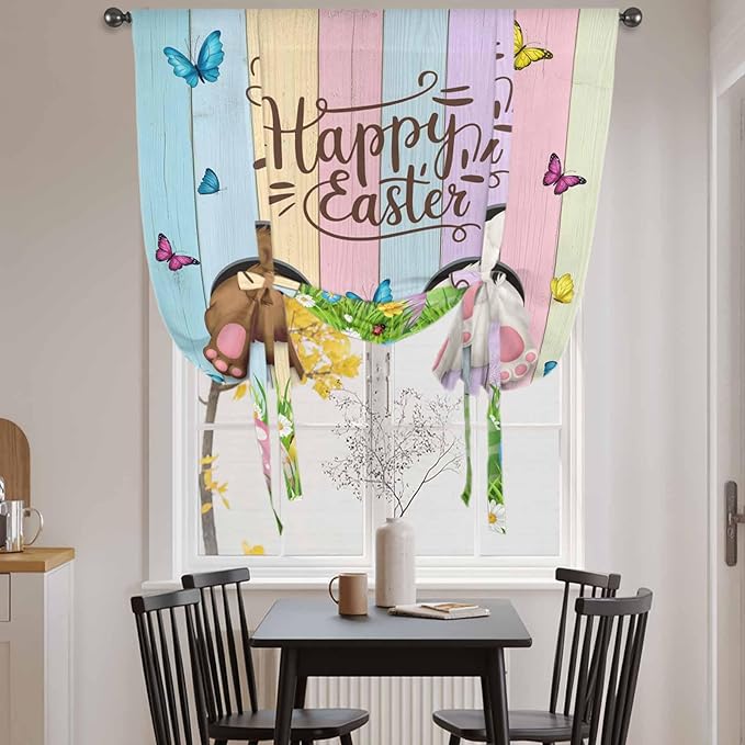 Tie Up Curtains,Happy Easter Rabbit Butt Egg on Daisy Leaf Adjustable Rod Pocket Window Shade Curtain Drape Bufferfly on Wood Barn Tie-Up Valance for Kitchen Bedroom Living Room Windows,46"x63"