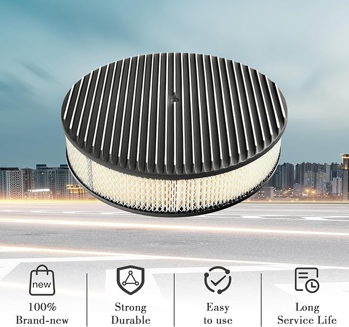 14 x 3 Inch Round Black Air Cleaner Kit Fully Finned Top with Flat Style Base Compatible with Chevy Ford GM