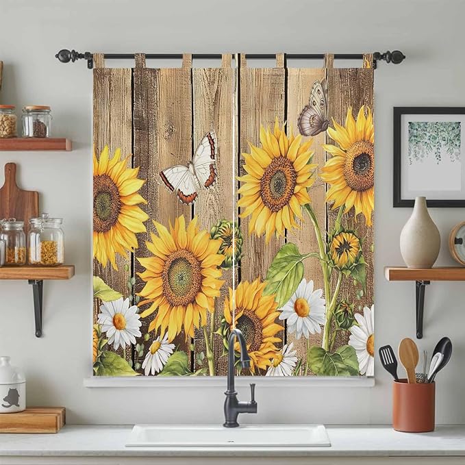 Farmhouse Sunflowers Living Room Curtains 84 Inch Length, Window Curtains Tab Top, Rustic Floral Buttterfly Wood Board Brown Light Filtering Window Treatments Drapes 42"x84" 2 Panel