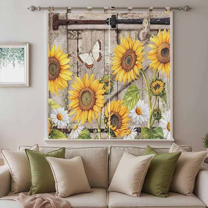 Farmhouse Sunflowers Living Room Curtains 84 Inch Length, Window Curtains Tab Top, Rustic Barn Doors Flowers Butterfly Wooden Light Filtering Window Treatments Drapes 42"x84" 2 Panel