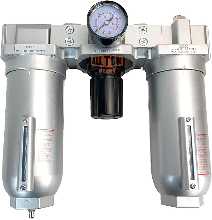 1" NPT SUPER DUTY Compressed Air In Line Filter Regulator Lubricator Oiler Combo, Metal Bowl, 5 Micron Element, Adjustable From 7 to 215 PSI (MANUAL DRAIN)