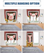 Tie Up Curtains for Windows, Pigs Sunflowers Adjustable Balloon Nature Linen Textured Kitchen Curtain, Farmhouse Red Barn Flowers Animals Tie Up Blackout Curtains for Bedroom, 52 x 63 Inches