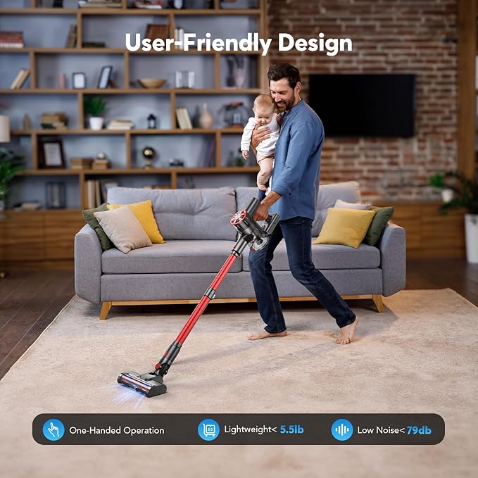 Cordless Vacuum Cleaner Rechargeable with 2600mAh Detachable Battery, Powerful Vacuums with 2 Adjustable Modes, Lightweight Portable Stick Vacuum for Home (Burgundy)