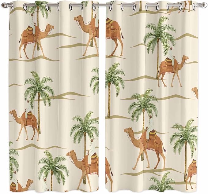 2 Panel Kitchen Cafe Curtains, Date Coconut Tree Sunlight Filtering Nature Air Through, Home Decor Window Covering Tier Curtains for Living Room 104W x 84L inch Desert Camels Botanical Tropical Beige