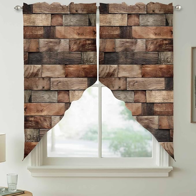 Western Barn Door Swag Valances for Windows, Vintage Farmhouses Wooden Door Brown Rod Pocket Kitchen Curtains Valance, Small Window Curtains Swag for Cafe Bathroom Living Room, 2 Panels, 28x36 inch