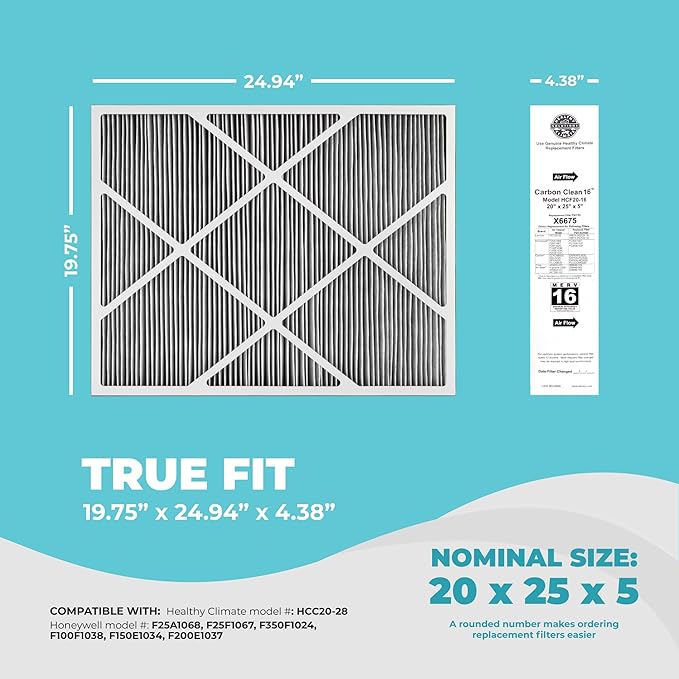 Lennox Healthy Climate Lennox X6675 20x25x5 Air Filter, Healthy Climate Carbon Clean Merv 16 Home Furnace Filter for HVAC system 5 Pack with Wholesalehome Cleaning Cloth