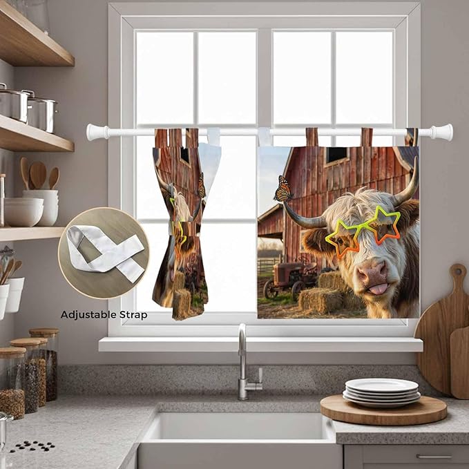 Farm Yaks Kitchen Curtains 24 Inch Length, Small Window Curtains Tab Top, Farmhouse Barn Funny Animals Butterfly Light Filtering Short Window Treatments Tier Drapes 27.5"x24" 2 Panel