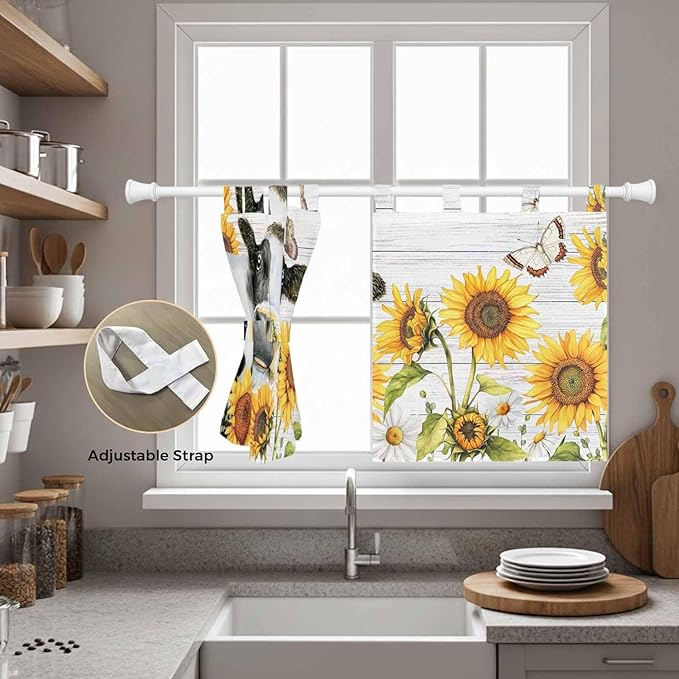 Retro Farmhouse Floral Kitchen Curtains 36 Inch Length, Small Window Curtains Tab Top, Yellow Sunflowers Cows Butterfly Wood Light Filtering Short Window Treatments Tier Drapes 27.5"x36" 2 Panel