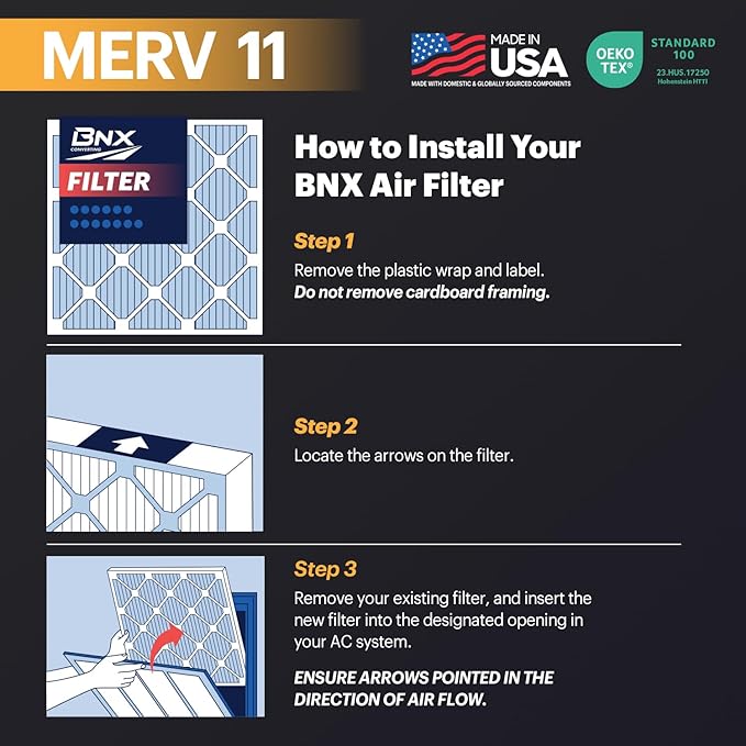 BNX TruFilter 20x23x1 Air Filter MERV 11 (2-Pack)- MADE IN USA - Allergen Defense Electrostatic Pleated Air Conditioner HVAC AC Furnace Filters for Allergies, Dust, Pet, Smoke, Allergy MPR 1200 FPR 7