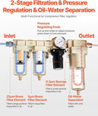 VEVOR Air Compressor Filter Regulator Combo, 1/2" NPT 3-Stage 25μm & 5μm & 0.3μm Compressed Air Drying System with Micron Filters & Oil-Water Separator, Semi-Auto Drain, 175PSI Max Working Pressure