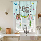 Tie Up Curtains,Happy Easter Bunny Butt Egg Floral Adjustable Rod Pocket Window Shade Curtain Drape Spring Plant on Aqua Wood Tie-Up Valance for Kitchen Bedroom Living Room Windows,42"x45"