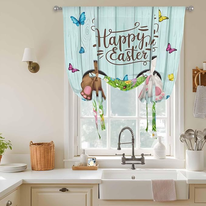 Tie Up Curtains,Happy Easter Bunny Butt Egg Floral Adjustable Rod Pocket Window Shade Curtain Drape Spring Plant on Aqua Wood Tie-Up Valance for Kitchen Bedroom Living Room Windows,46"x63"