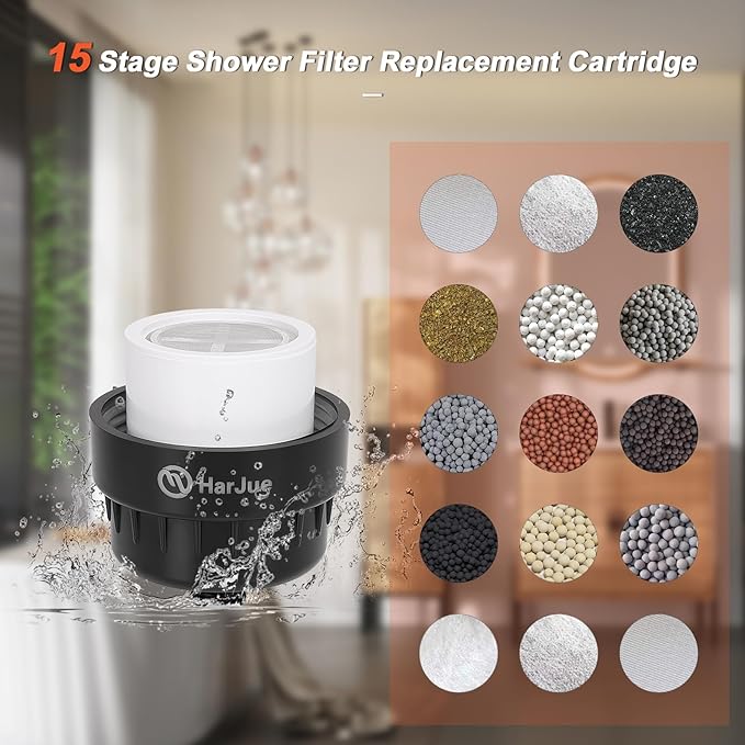 HarJue 15 Stage Shower Filter Replacement Cartridge, Universal High Output Shower Filter for Hard Water Remove Chlorine and Harmful Substances, Body Caring, 2 Pack