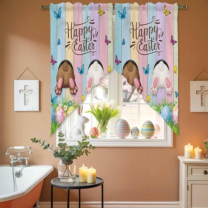 Swag Curtain Valances for Kitchen Windows,Happy Easter Rabbit Butt Egg on Daisy Leaf Short Rod Pocket Window Valance,Bufferfly on Wood Barn Swag Topper for Bedroom Living Room,2 Panels 28x36in