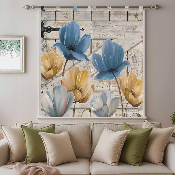 Blue Yellow Tulips Bathroom Curtains 63 Inch Length, Window Curtains Tab Top, Retro Farmhouse Flower Barn Doors Wooden Light Filtering Window Treatments Drapes 52"x63" 2 Panel