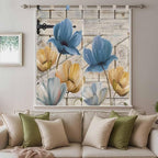 Blue Yellow Tulips Bedroom Curtains 72 Inch Length, Window Curtains Tab Top, Retro Farmhouse Flower Barn Doors Wooden Light Filtering Window Treatments Drapes 52"x72" 2 Panel