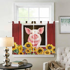 Pigs Sunflowers Bedroom Curtains 63 Inch Length, Window Curtains Tab Top, Farmhouse Red Barn Flowers Animals Light Filtering Window Treatments Drapes 42"x63" 2 Panel
