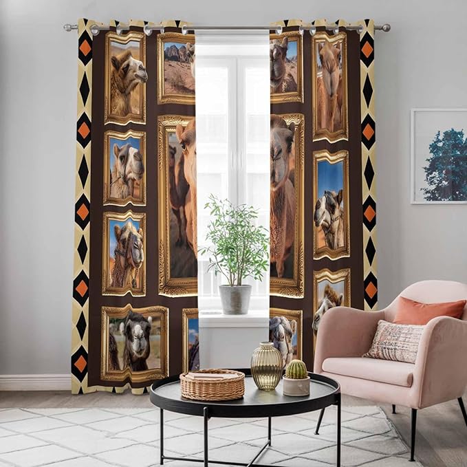 2 Panel Kitchen Cafe Curtains, Wildlife Camels Sunlight Filtering Nature Air Through, Home Decor Window Covering Tier Curtains for Living Room 104W x 90L inch Deserts Animals Brown Geometric Rustic