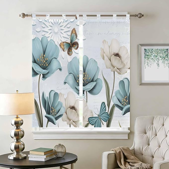 Blue Tulips Bedroom Curtains 72 Inch Length, Window Curtains Tab Top, Watercolor Flowers Butterfly Spring Farmhouse Blue Light Filtering Window Treatments Drapes 52"x72" 2 Panel