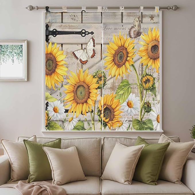 Farm Flowers Bedroom Curtains 72 Inch Length, Window Curtains Tab Top, Retro Sunflowers Barn Doors Butterfly Wood Board Light Filtering Window Treatments Drapes 52"x72" 2 Panel