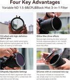Kase 67mm Variable ND1.5-8 & CPL & Black Mist 3 in 1 Filter with 36 Multi-Coatings, Essential for Landscape & Vlog, Compatible with Canon Sony Nikon