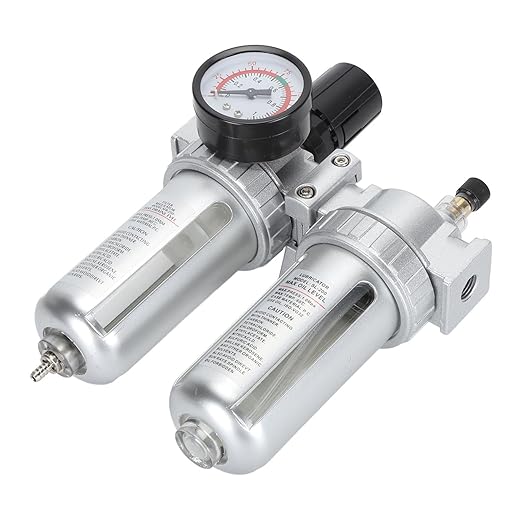 Air Filter Pressure Regulator 1/4 Inch, Compressed Air Line Filter with Dial Gauge, Aluminum Alloy and PC Oil Water Separator for Pneumatic Tools and Air Compressors